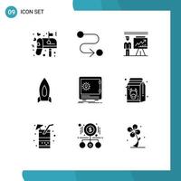 Group of 9 Modern Solid Glyphs Set for bank startup man speedup rocket Editable Vector Design Elements