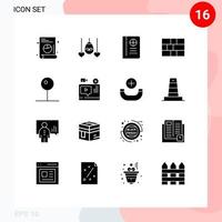 User Interface Pack of 16 Basic Solid Glyphs of video media player travel media security Editable Vector Design Elements