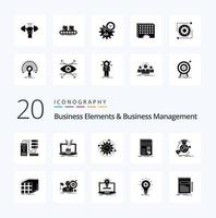 20 elementos comerciales y paquete de iconos de glifos sólidos de gestión comercial como procesamiento de proyectos en línea de negocios financieros vector