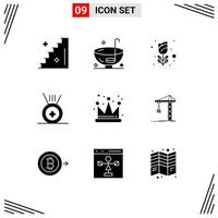 9 User Interface Solid Glyph Pack of modern Signs and Symbols of crane empire flower crown medal Editable Vector Design Elements