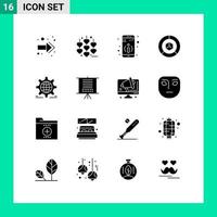 Group of 16 Solid Glyphs Signs and Symbols for globe gear more setting logistic Editable Vector Design Elements