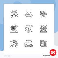 Set of 9 Modern UI Icons Symbols Signs for bulb racket straw hat ball working Editable Vector Design Elements