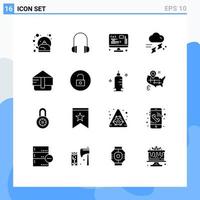 16 User Interface Solid Glyph Pack of modern Signs and Symbols of fashion thunder development rainy rain Editable Vector Design Elements