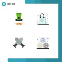 conjunto de pictogramas de 4 iconos planos simples de sombrero bolsa de premio corona de compras elementos de diseño vectorial editables vector