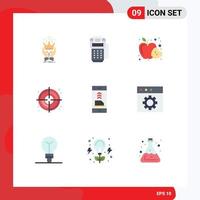 Mobile Interface Flat Color Set of 9 Pictograms of communication creative machine target fruit Editable Vector Design Elements