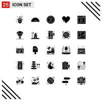 Pack of 25 Modern Solid Glyphs Signs and Symbols for Web Print Media such as interface media report like favorite love Editable Vector Design Elements