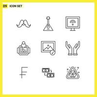 Pack of 9 creative Outlines of technology man music hand watch smart Editable Vector Design Elements