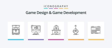 paquete de iconos de línea 5 de diseño y desarrollo de juegos que incluye archivo. código. premio. guion. desarrollador. diseño de iconos creativos vector