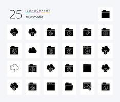 paquete de iconos multimedia de 25 glifos sólidos que incluye carpeta. documento. carpeta. rebautizar. editar vector