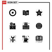 Pack of 9 Modern Solid Glyphs Signs and Symbols for Web Print Media such as cell mobile interface web page theater Editable Vector Design Elements