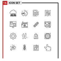 Group of 16 Modern Outlines Set for app shield fruit security education Editable Vector Design Elements