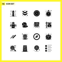 conjunto de pictogramas de 16 glifos sólidos simples de tecnología reloj reloj temporizador reloj de bolsillo elementos de diseño vectorial editables vector