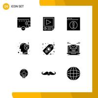 Modern Set of 9 Solid Glyphs Pictograph of label happy business mind manager Editable Vector Design Elements