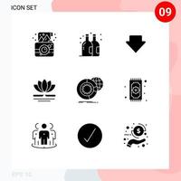 Pack of 9 Modern Solid Glyphs Signs and Symbols for Web Print Media such as analysis data arrow chinese spa Editable Vector Design Elements