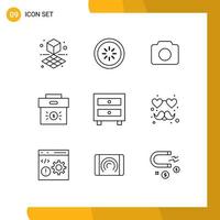 Set of 9 Modern UI Icons Symbols Signs for cabinet economy camera corporate bag Editable Vector Design Elements