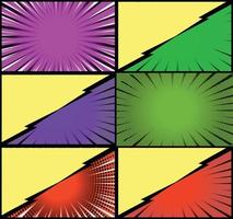 Comic book colorful frames background with halftone rays radial and dotted effects pop art style vector