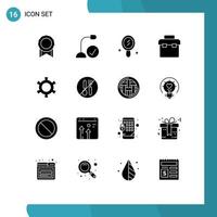 Set of 16 Vector Solid Glyphs on Grid for food gear interior cog lunchbox Editable Vector Design Elements