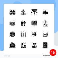 Mobile Interface Solid Glyph Set of 16 Pictograms of am weather biochemistry rainy process Editable Vector Design Elements