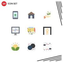 Mobile Interface Flat Color Set of 9 Pictograms of battery pulse line growth pulse heartbeat Editable Vector Design Elements