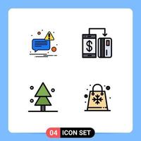 4 signos de color plano de línea de llenado universal símbolos de naturaleza de mensaje árbol de pago sin efectivo elementos de diseño vectorial editables vector