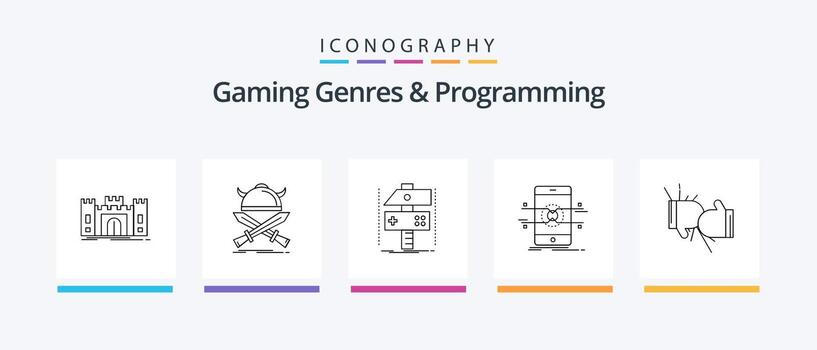 Gaming Genres And Programming Line 5 Icon Pack Including error. computer. robot. swords. viking. Creative Icons Design vector
