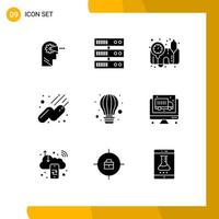 Pack of 9 Modern Solid Glyphs Signs and Symbols for Web Print Media such as computer parachute bp gauge balloon sputnik Editable Vector Design Elements