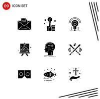 Modern Set of 9 Solid Glyphs Pictograph of hack paint bulb arts board Editable Vector Design Elements