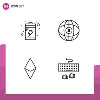 Group of 4 Modern Filledline Flat Colors Set for battery currency world dollar keyboard Editable Vector Design Elements