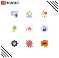 9 User Interface Flat Color Pack of modern Signs and Symbols of human focus heart concentration valentine Editable Vector Design Elements