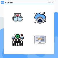 Mobile Interface Filledline Flat Color Set of 4 Pictograms of cup dinner heart cloud time Editable Vector Design Elements