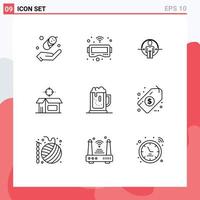 Pictogram Set of 9 Simple Outlines of celebrate alcoholparty login product box Editable Vector Design Elements