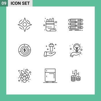 Pack of 9 Modern Outlines Signs and Symbols for Web Print Media such as financial chart structure budget diagram Editable Vector Design Elements