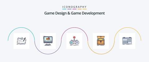 Game Design And Game Development Line Filled Flat 5 Icon Pack Including gold. box. monitor. gaming. game vector