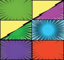 Comic book colorful frames background with halftone rays radial and dotted effects pop art style vector