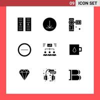conjunto moderno de 9 pictogramas de glifos sólidos de elementos de diseño de vectores editables del equipo de proyecto de cámara de video de tareas para bebés