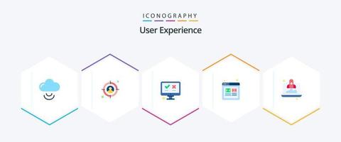 Paquete de 25 iconos planos de experiencia de usuario que incluye el inicio. computadora. medios de comunicación. estructura de alambre. usuario vector