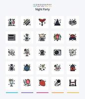 Creative Night Party 25 Line FIlled icon pack  Such As party. projector. bbq. night. hat vector