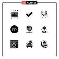 9 User Interface Solid Glyph Pack of modern Signs and Symbols of stand globe leak next circle Editable Vector Design Elements