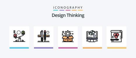 la línea de pensamiento de diseño llenó el paquete de 5 íconos que incluye la herramienta. Brújula. computadora. configuración. engranaje. diseño de iconos creativos vector