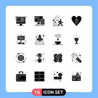 16 User Interface Solid Glyph Pack of modern Signs and Symbols of banner heart cell ear pedestrian Editable Vector Design Elements