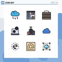 Group of 9 Modern Filledline Flat Colors Set for cloud wifi case building gear Editable Vector Design Elements