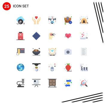 User Interface Pack of 25 Basic Flat Colors of camping optimization ad gear briefcase Editable Vector Design Elements