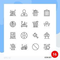 16 signos de contorno universal símbolos de tareas de la planta lista humana catálogo elementos de diseño vectorial editables vector