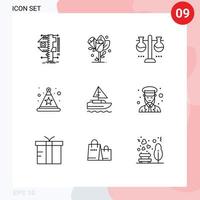 Mobile Interface Outline Set of 9 Pictograms of boat hat wedding celebration test flask Editable Vector Design Elements