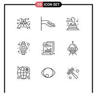 Set of 9 Modern UI Icons Symbols Signs for space ship chart play bar watch Editable Vector Design Elements