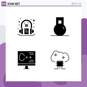 grupo de 4 glifos sólidos modernos establecidos para audio libro aprendizaje informático desarrollo deportivo elementos de diseño vectorial editables vector