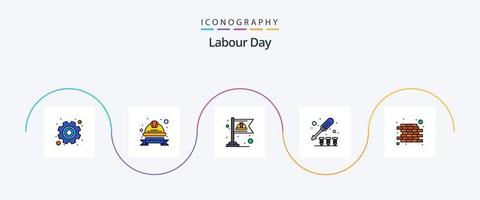 la línea del día del trabajo llenó el paquete de iconos planos 5 que incluye ladrillo. herramienta. insignia laboral. tornillo. labor vector