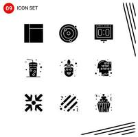 Pack of 9 Modern Solid Glyphs Signs and Symbols for Web Print Media such as binary mardi gras sports costume juice Editable Vector Design Elements