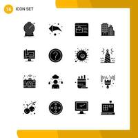 Solid Glyph Pack of 16 Universal Symbols of building headoffice bag tower building Editable Vector Design Elements