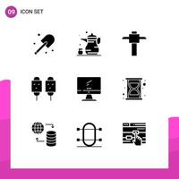 Mobile Interface Solid Glyph Set of 9 Pictograms of monitor street food religion fried dog Editable Vector Design Elements